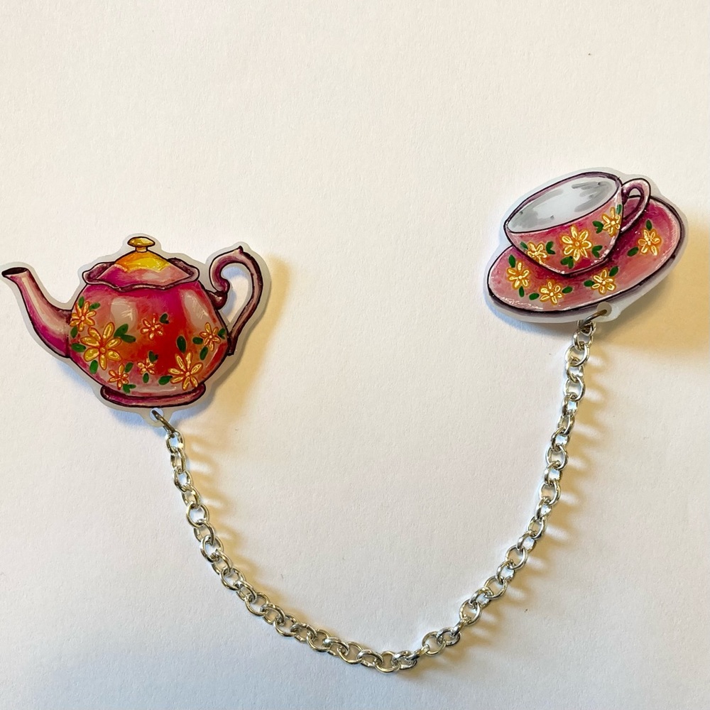 Cottagecore Handmade retro teacup and teapot sweater clip